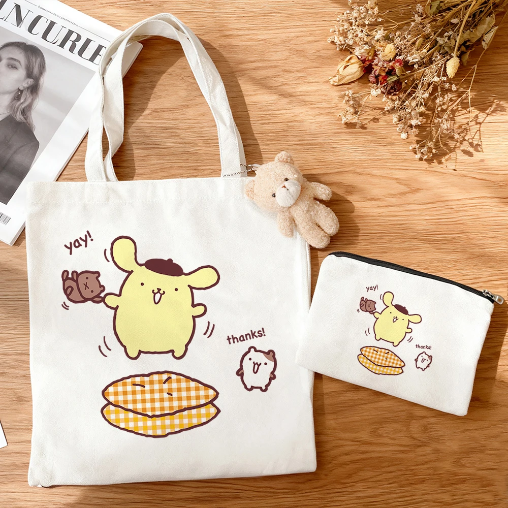 3pcs/set Large Capacity Pom Pom Purin Multi Character Canvas Tote Bag Cute Cartoon Print Anime Eco Cotton Reusable Shopping Bag view 3