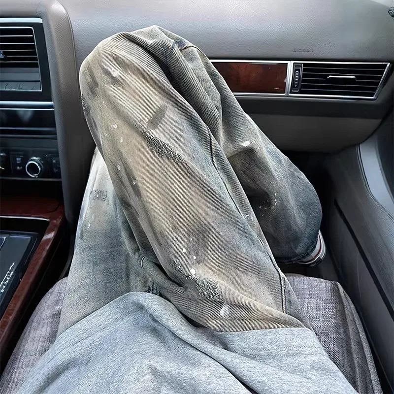 

Retro American Vintage Men's Loose Straight Leg Jeans Ink Splatter Wear Resistant Summer Casual Faion Brand Straight Tube L...