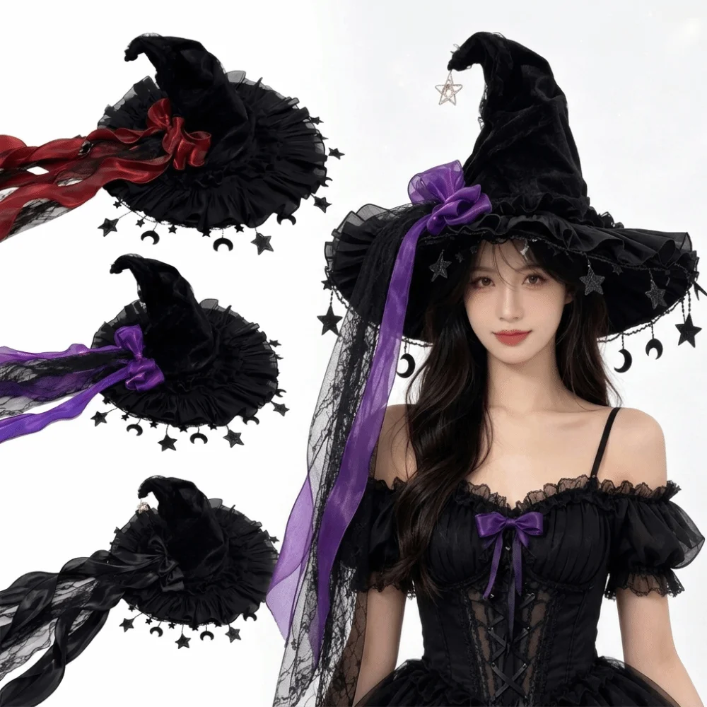 Dramatic Wide Brim Witch Hat Lace Trim Gothic Dark Style Gothic Hat Ruffle Brim Cosplay Costume Hat Women’s Costume