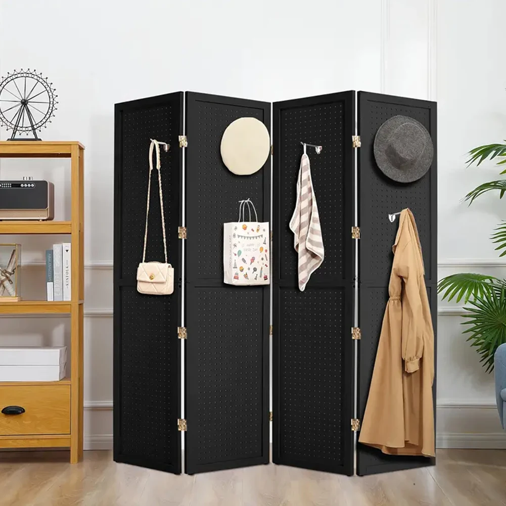 4 Panel Pegboard Display Folding Privacy Screen Wooden Room Divider Portable Freestanding No Assemble Jewelry Display Board Rack