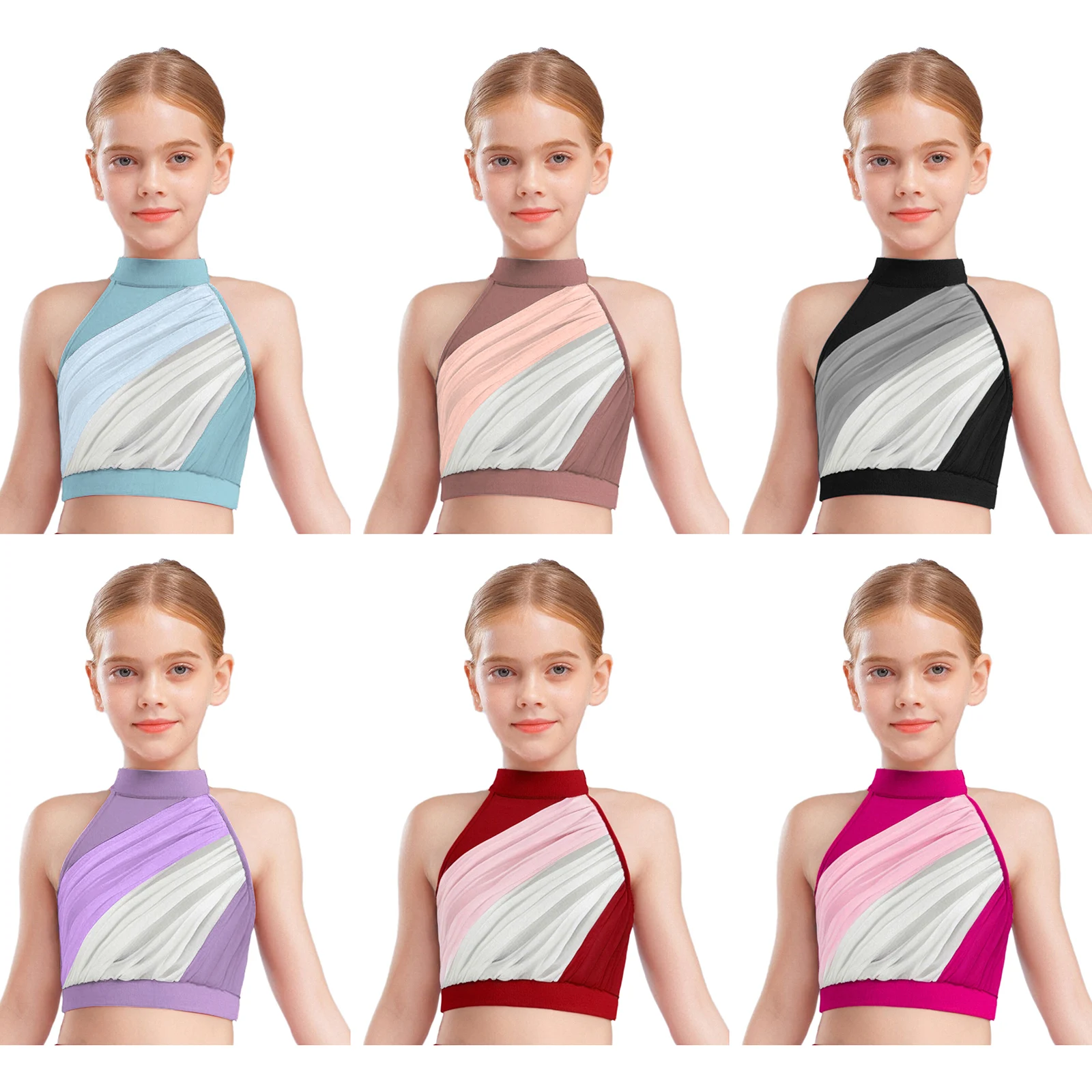 Kids Girls Dance Vest Camisole Sleeveless Color Block Ruched Crop Top Modern Lyrical Ballet Jazz Latin Stage Performance Costume