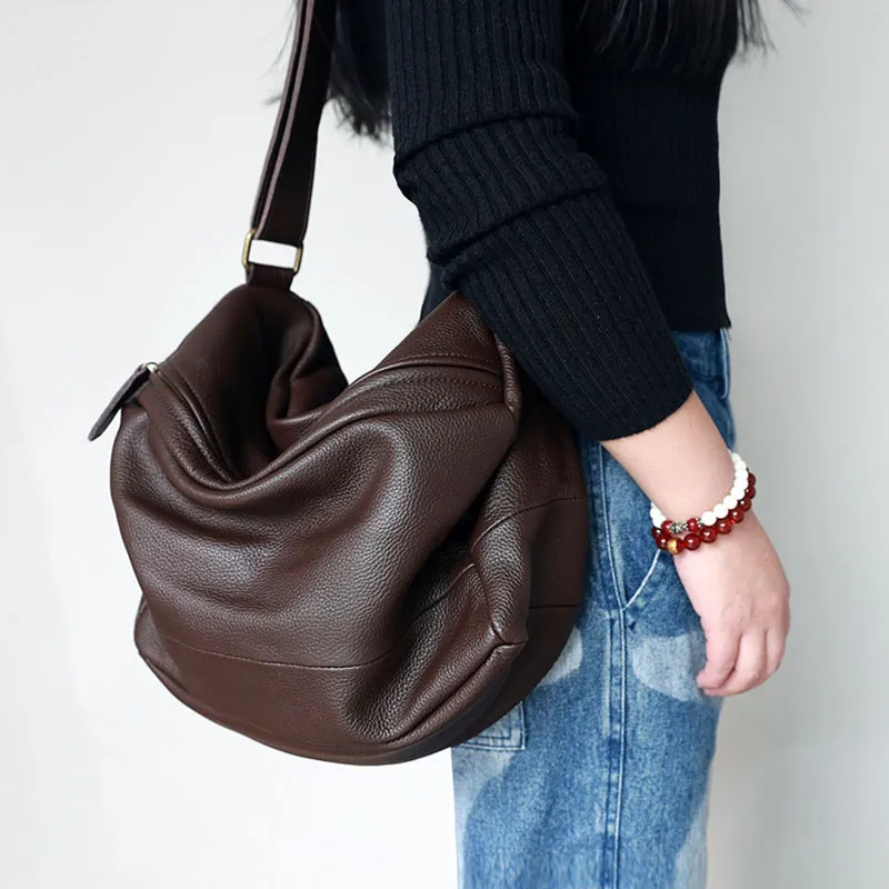 Slouchy Style Women Square Crossbody Bag Soft Genuine Leather Tote Handbag Purse Wide Strap Design Female Shoulder Messenger Bag