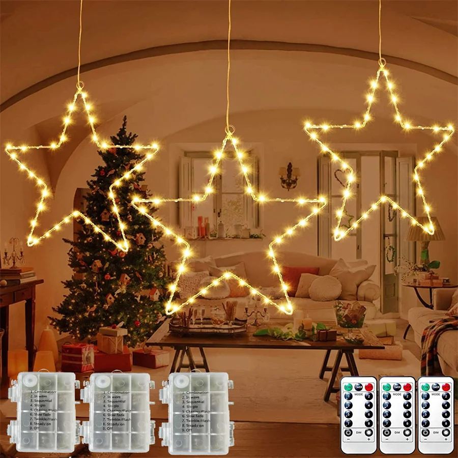 3 Pack Christmas Garland Window Fairy Light Christmas Window Star Light String Battery Operated 3 Remote for Outdoor Porch Decor