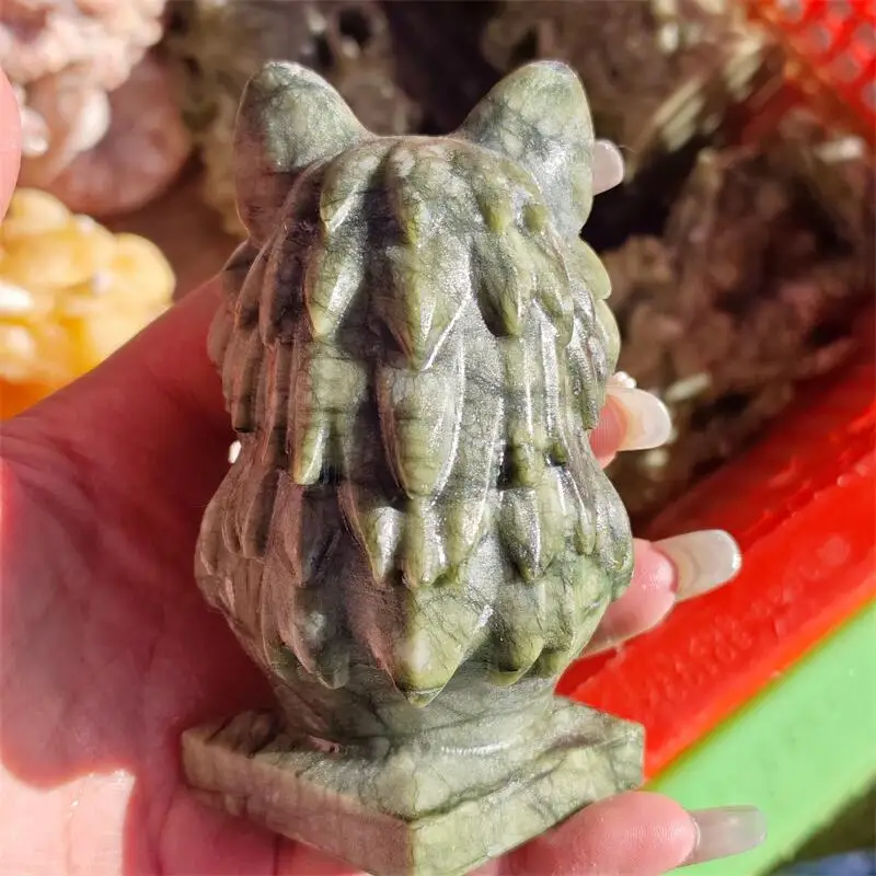 Natural Green Jade Ophiolite Wolf Head Carving Crystal Love Healing Fengshui Gemstones Home Decoration Holiday Gift 1PCS
