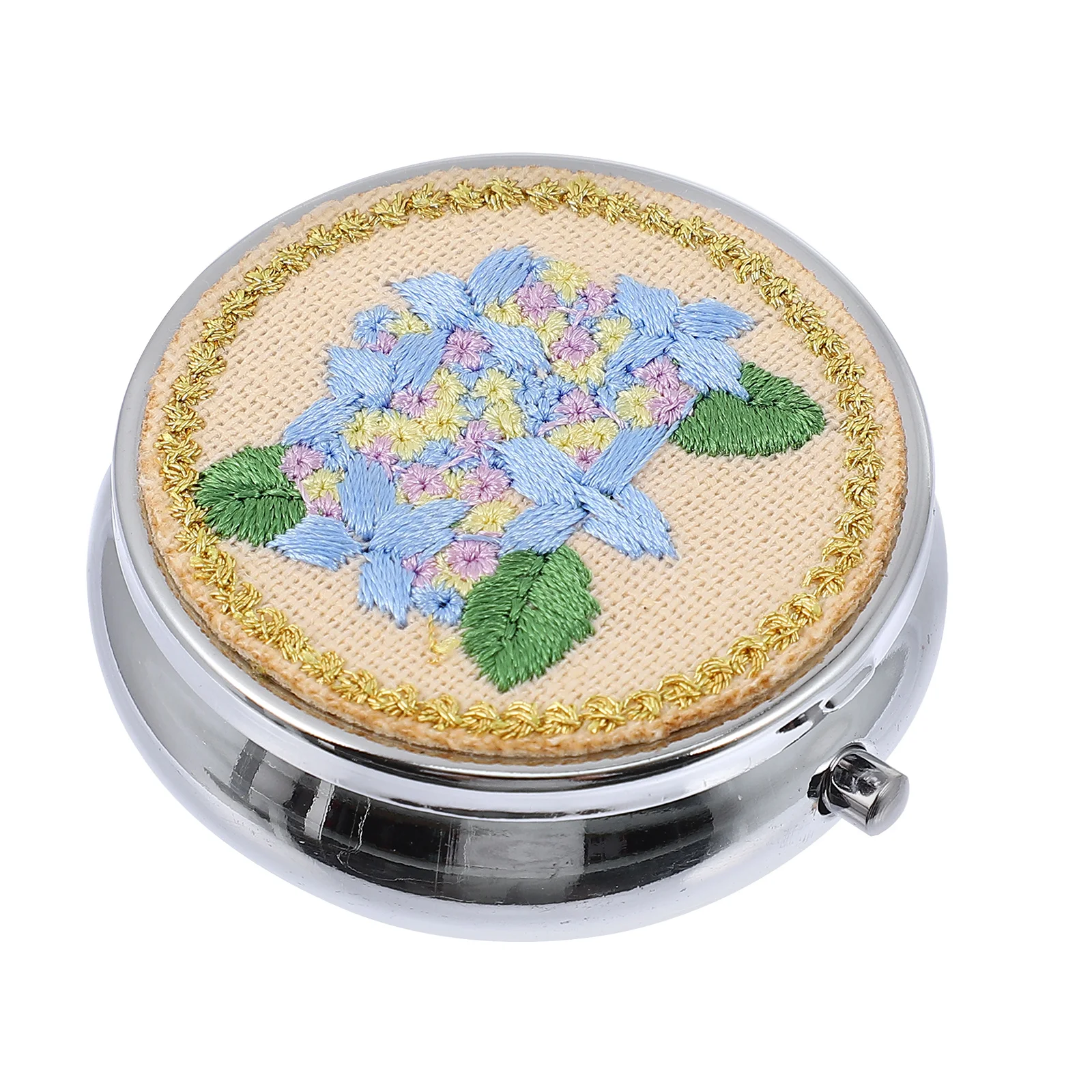 

Embroidered Decal Pill Box Mini Balm Rouge Patch Applique H made Flowers Zinc Alloy Lightweight Portable Storage Container