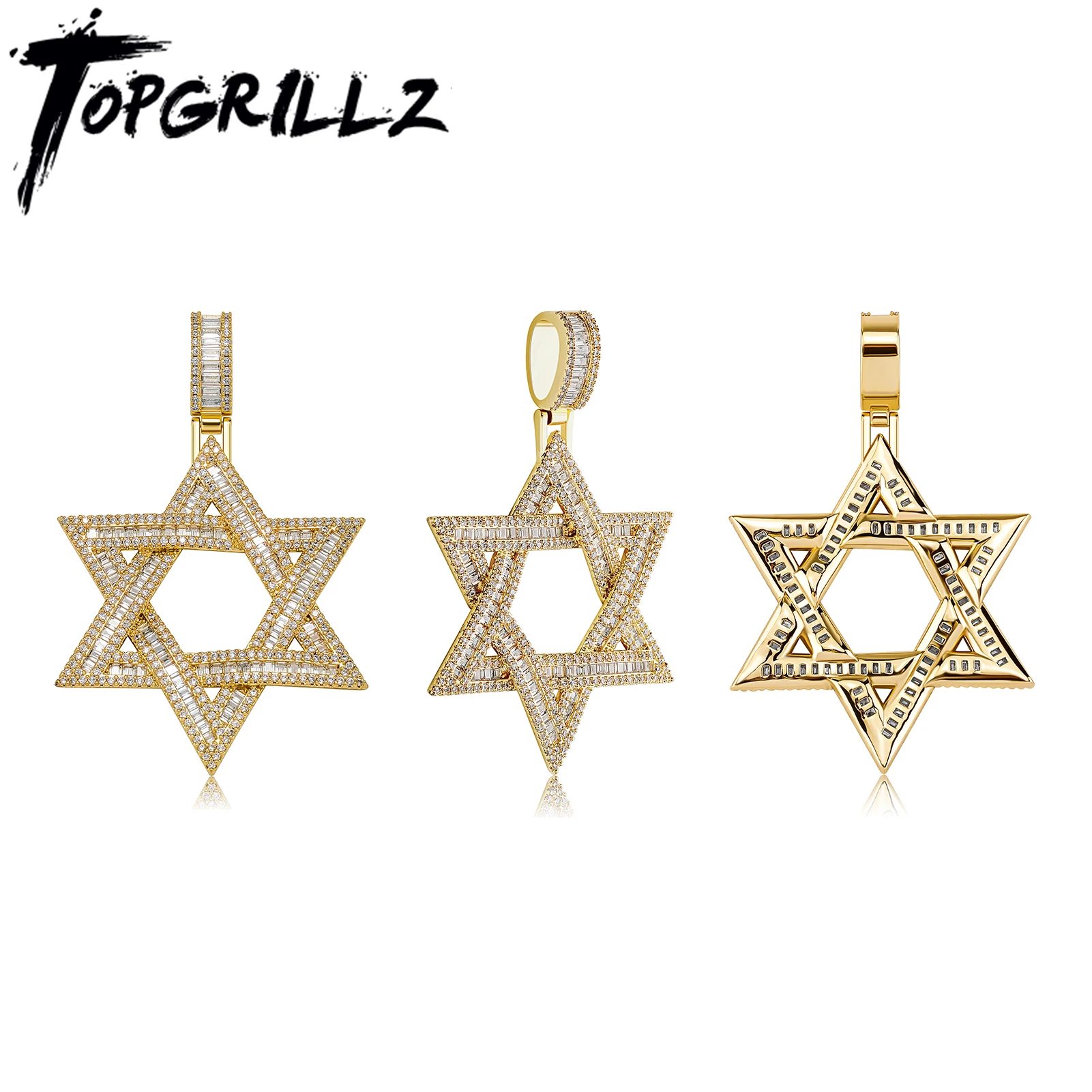 

TOPGRILLZ Exquisite Luxury Inlaid Baguette Zircon Star of David Pendant Necklace Fashion Men and Women Trend Rock Party Gifts