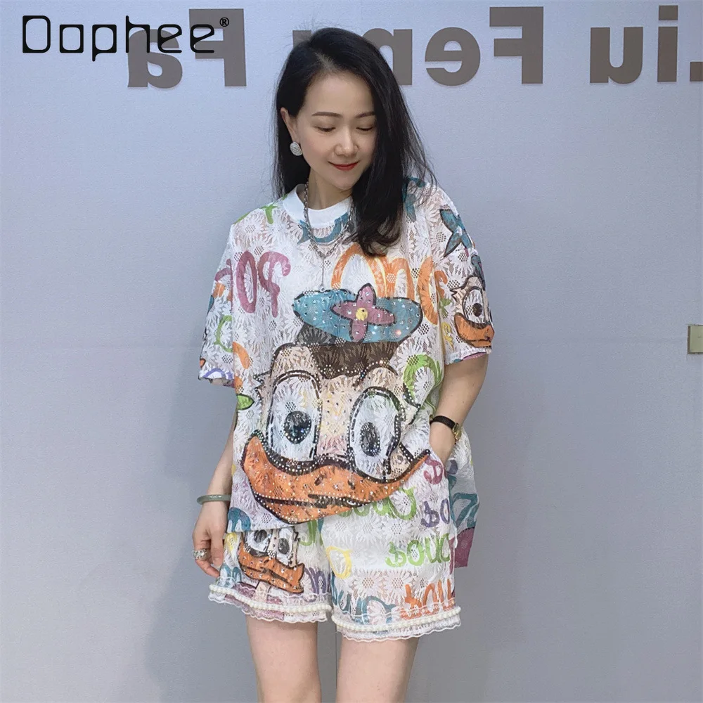 

Summer New Ammonium Hollow Short Sleeve Round Neck T-Shirt Cartoon Rhinestone T-Shirt Casual Korean Style Two-Piece Set