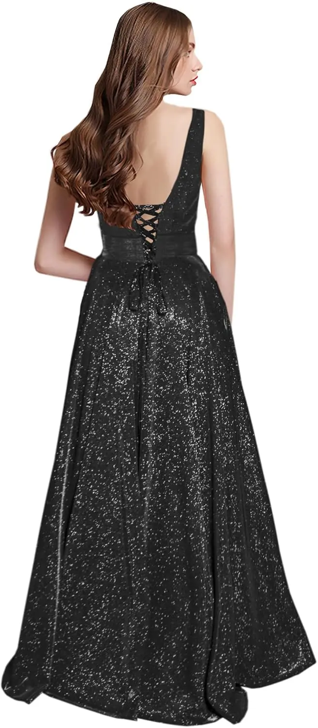 Abito da sera formale lungo con scollo a V da donna con tasche, abito da ballo con spalle scoperte e spalline sottili, abito da cena per occasioni formali