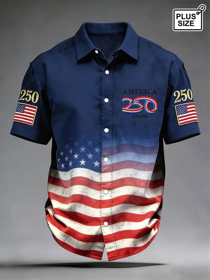 Fashion Men Hawaiian Shirts American Independence Day Shirts For Men Clothes US Flag Lapel Blouse USA 250th Anniversary Shirts