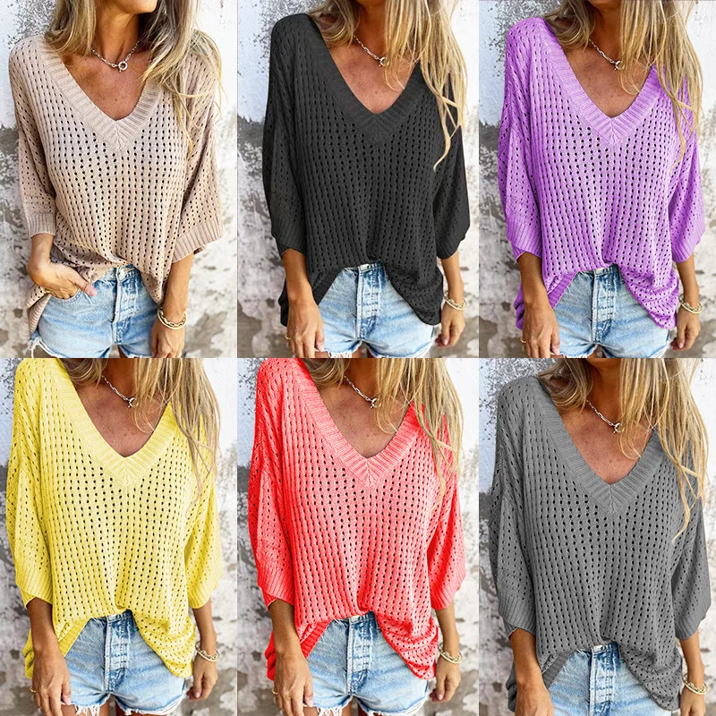 New T-shirt Women's Hollowed-out Outer Long-sleeved Knitted Mountain Lazy Style Design V-neck Anti-knitted Sweater