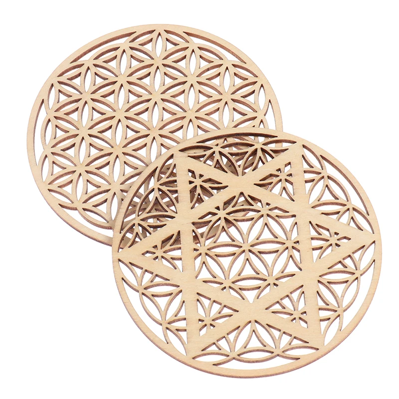 1PC Flower of Life Natural Symbol Wood Round Edge Circles Carved Coaster For Stone Crystal Set DIY Decor Mats Pads