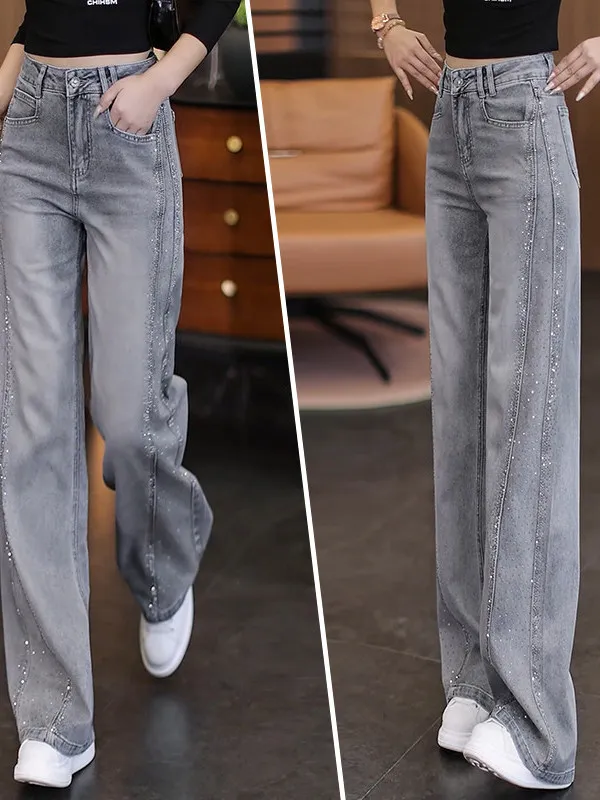 High Waist Wide Leg Skinny Denim Jeans Women's Spring 2026 New Style Glittering Laser Cutout Casual Straight Fit Trousers