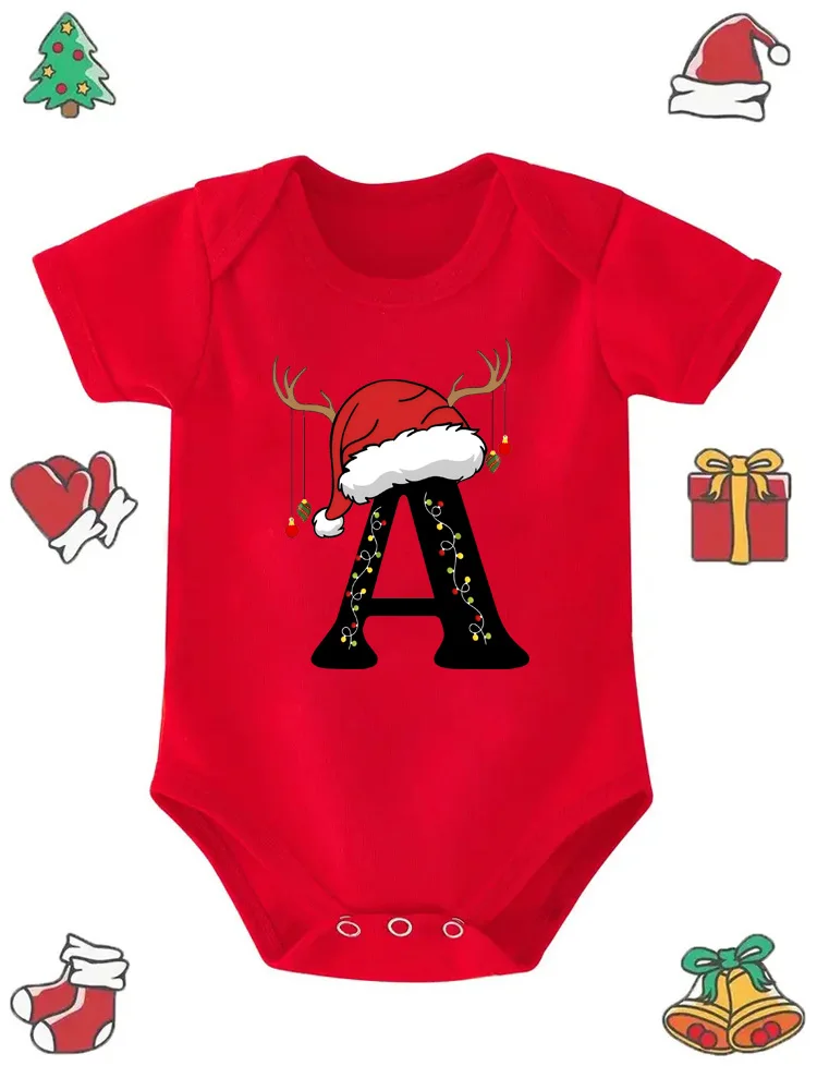 لطيف الطفل عيد الميلاد قبعة مخصص اسم إلكتروني مزيج الطباعة ارتداءها إلكتروني الخط ABC D E F G قصيرة الأكمام طفل بذلة #2