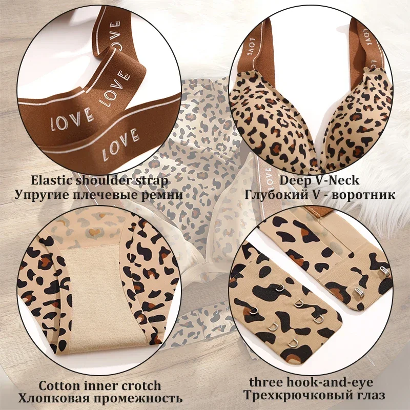 2PCS/Set Women Sexy Leopard Print V-neck Bra Briefs Set Seamless Underwear Elastic Waist Belt Panty Lady Soft Intimates Lingerie