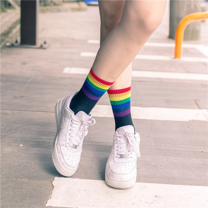 Women\'s Harajuku Rainbow Stripes White Black Cotton Socks Fashion Christmas Casual Tide Streetwear Dropship