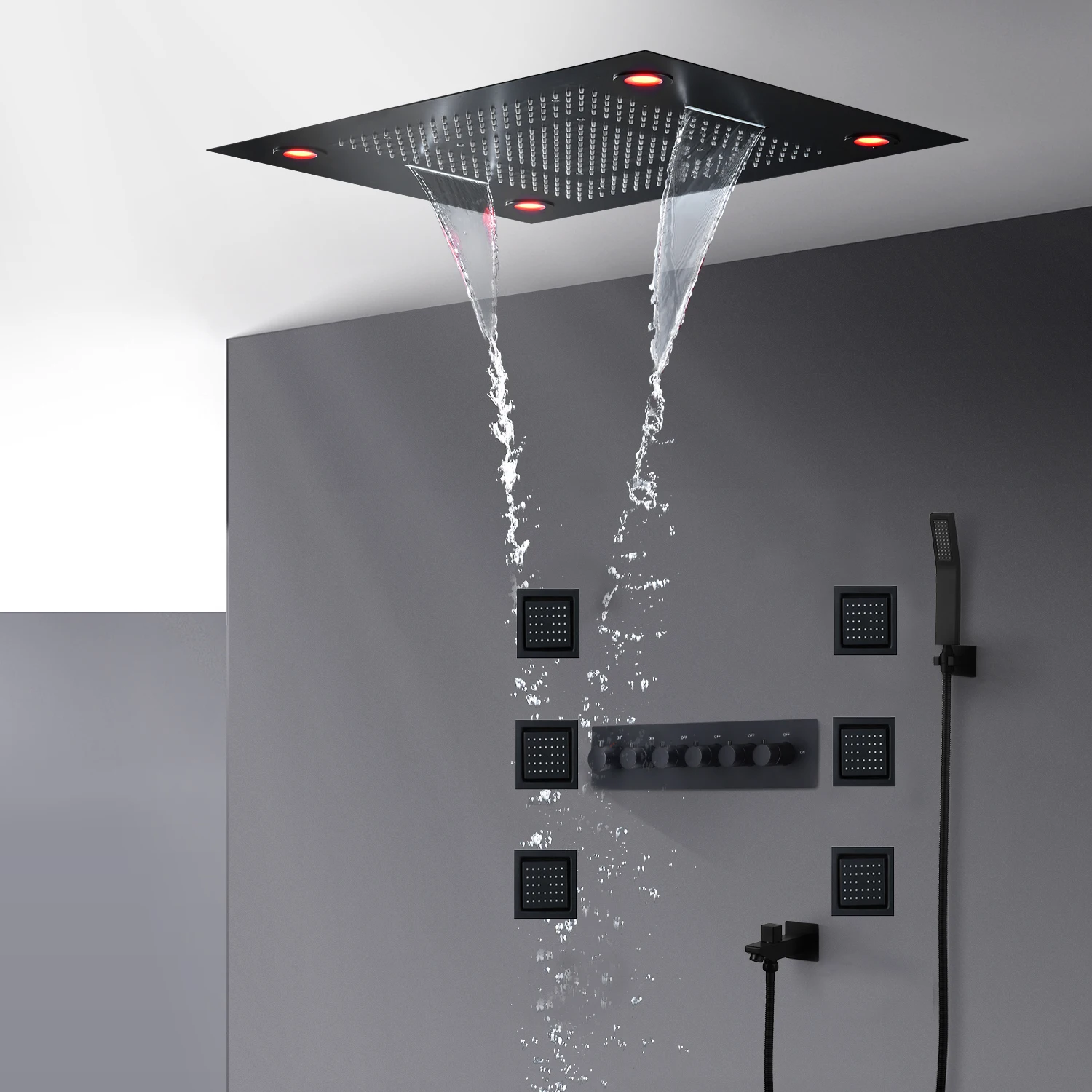 hm High Quality LED Shower System 24x31 Inches Rain Waterfall Bath Black Set Thermostatic Mixer Valve Faucet Massage Body Jets