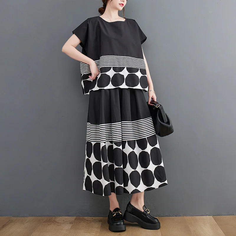 

#2703 Summer Polka Dot Printed Two Piece Set Top And Skirt Women Loose O-neck Short Sleeve A-line Skirt Women Two Piece Outfits