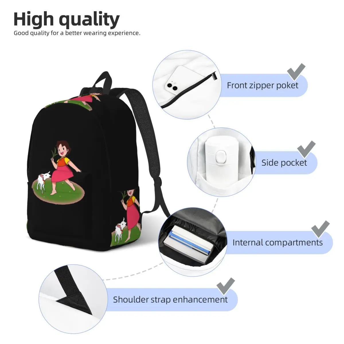 Heidi Cartoon Student Backpack School Bag Hiking Travel Daypack for Men Women Bookbag Shoulder Bags