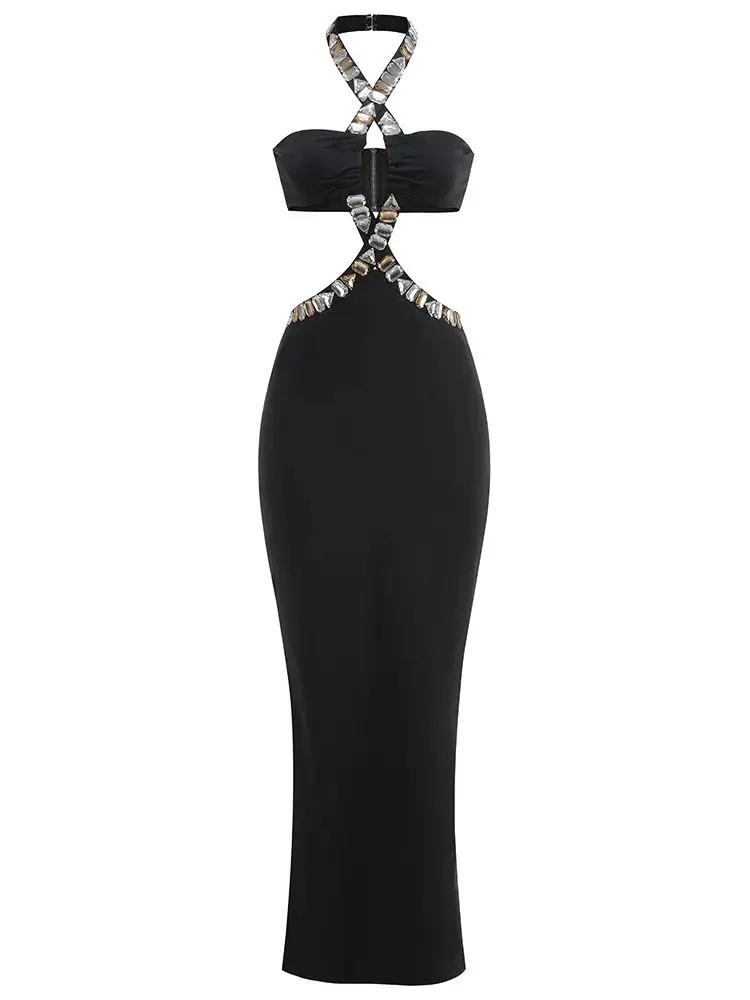 Brand New Ins Donna Sexy Cut-Out Cotone Diamante Cristallo Nero Abito aderente Maxi Abito da sera Vestido