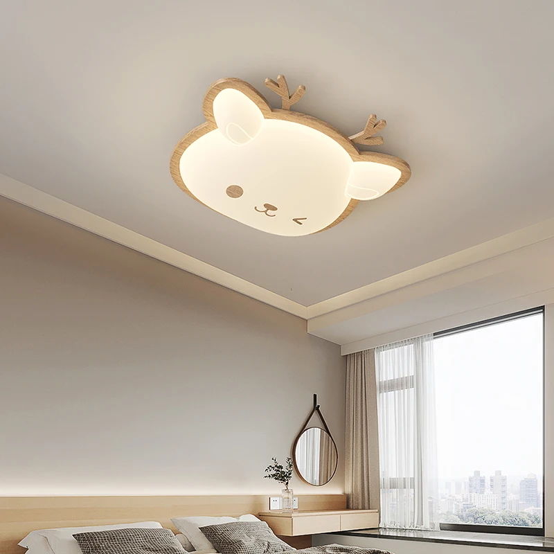 Nordic Elk Deer Ceiling Lamp for Bedroom Study Lighting Walnut Color Solid Wood Children's Room LED Ceiling Light Cat Rabbit 220