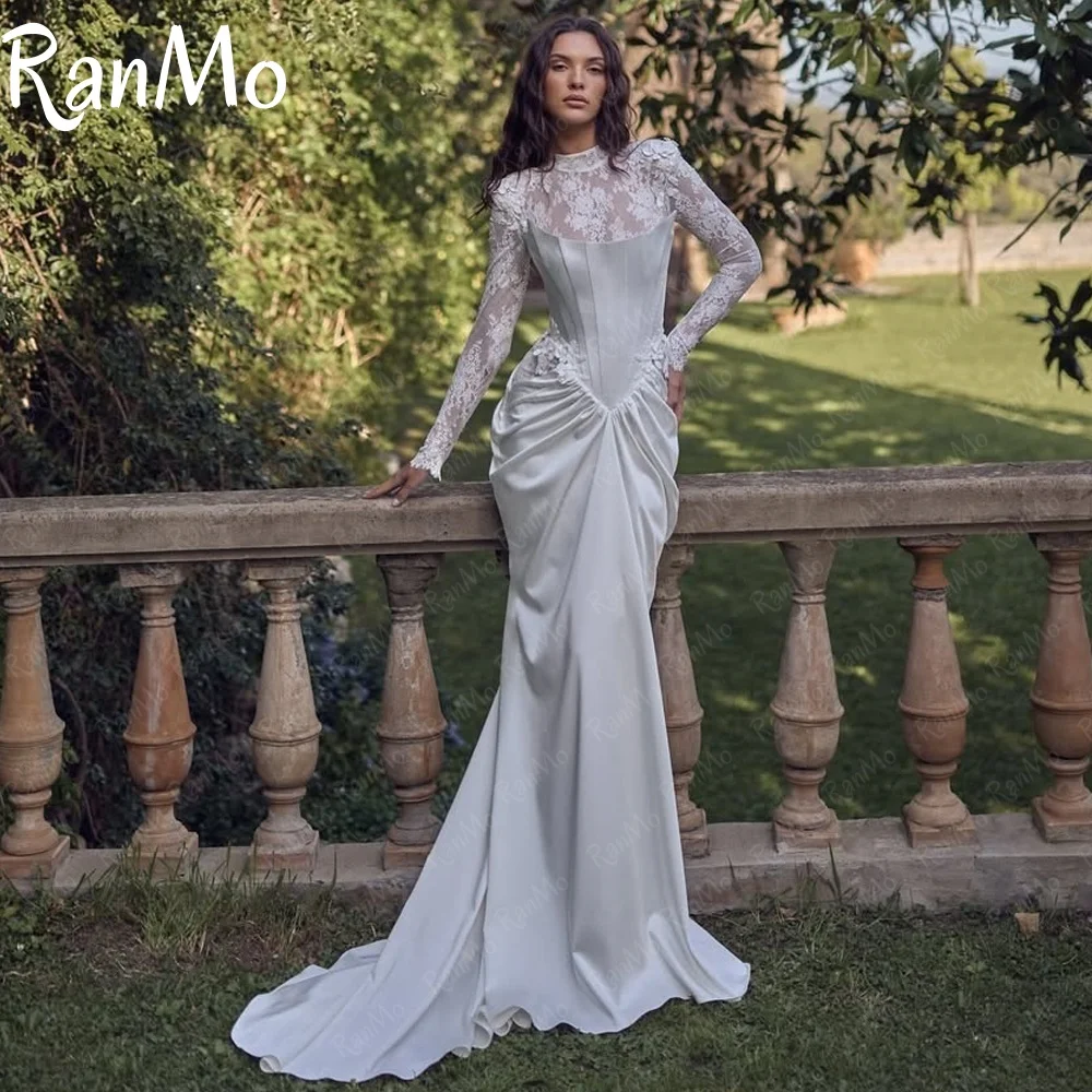 

Ranmo Customized Vintage High Neck Lace Flowers Wedding Dress Sheath Pleats vestidos de novia Corsrt Court Train Evening Dresses