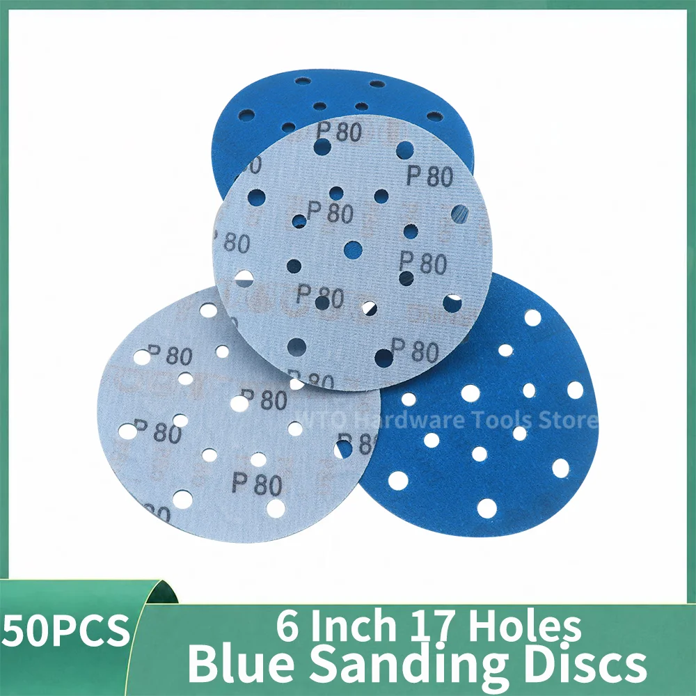 50PCS 6 Inch 17 Hole Blue Zirconia Alumina Flocked Sanding Discs ,P80-400 Orbital Sander Sandpaper PET Film  for Furniture Metal