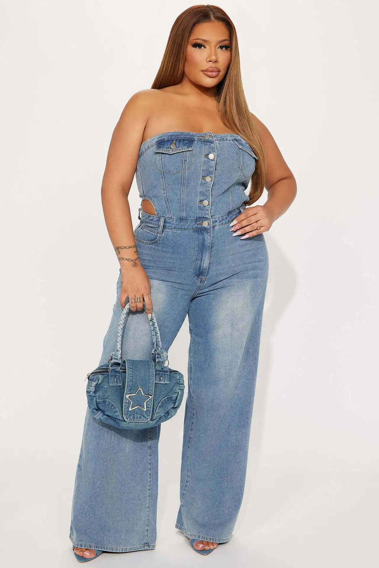 Women Jumpsuit Summer Sexy Sleeveless Strapless Hollow Out Elastic Denim Straight Jumpsuit Casual Lady Wide-Leg Jeans Jumpsuit