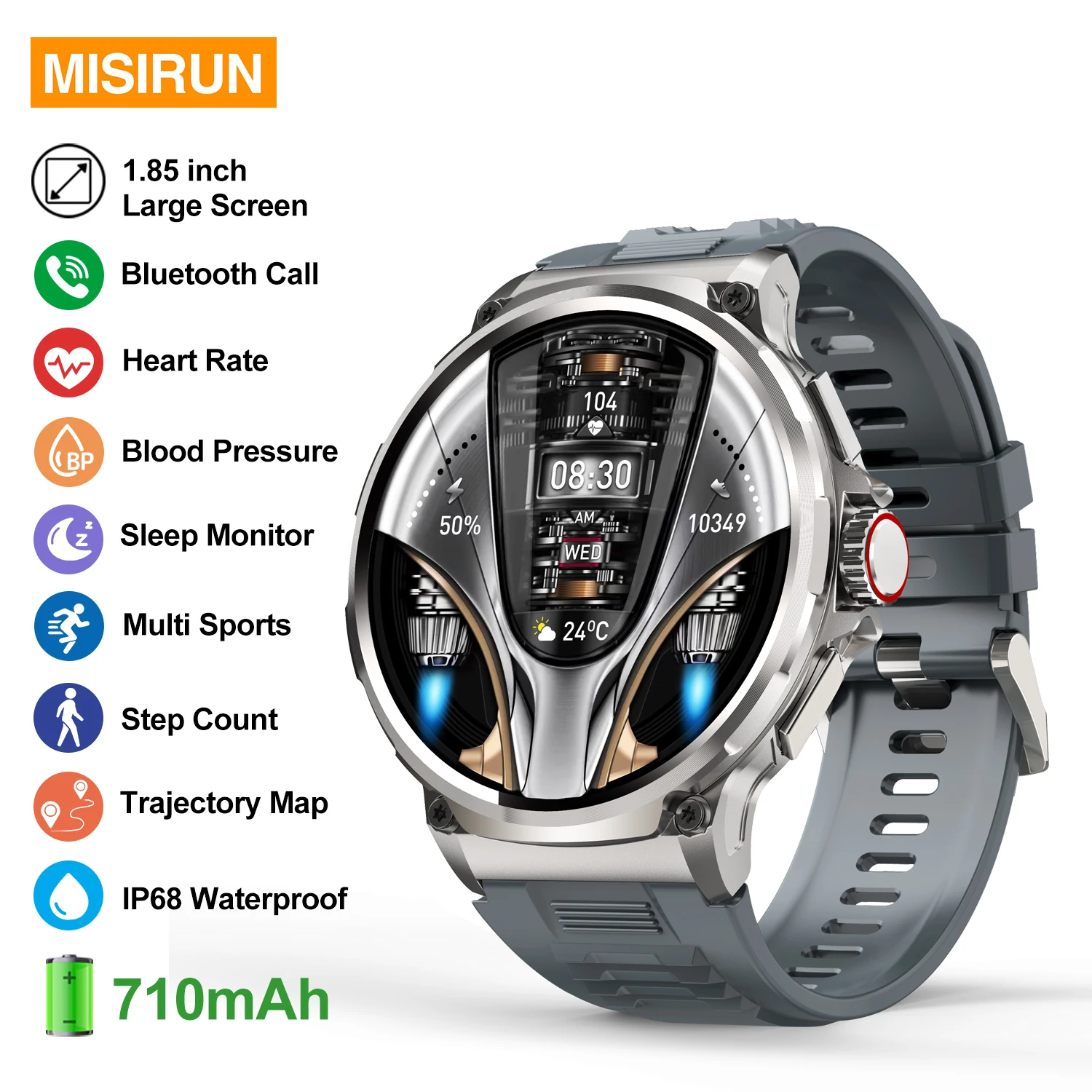 

Смарт-часы V69 для мужчин, 710 мАч, 1,85 дюйма, Bluetooth, для звонков, спортивный фитнес-трекер, монитор сердечного ритма и здоровья, смарт-часы для Android и iOS