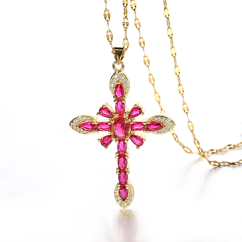 

Dodohao Religious Cross Pendent Necklaces Copper Zircon Gold Plated Pendent Necklaces Classic Crystal Pendent Fashion Jewelry