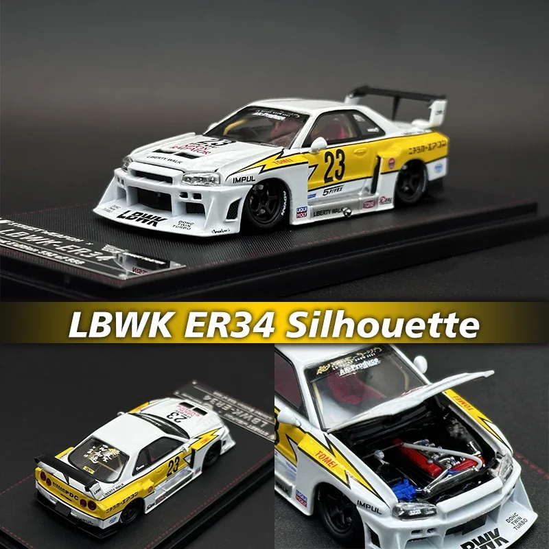 1:64 LBWK Skyline GTR ER34 Super Silhouette Lightning Opened Hood Diecast Diorama Car Model Collection Street Weapon