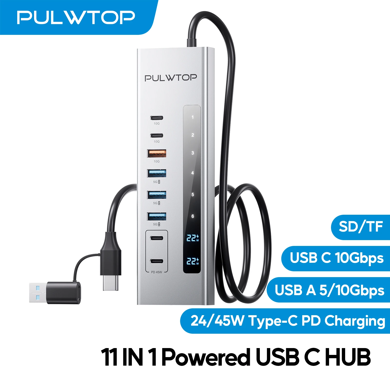 

PULWTOP Powered USB C Hub with SD/TF, USB-C 10Gbps, USB-A 5/10Gbps and 2 * 24/45W Type-C PD Charging Ports (Not Support Video)