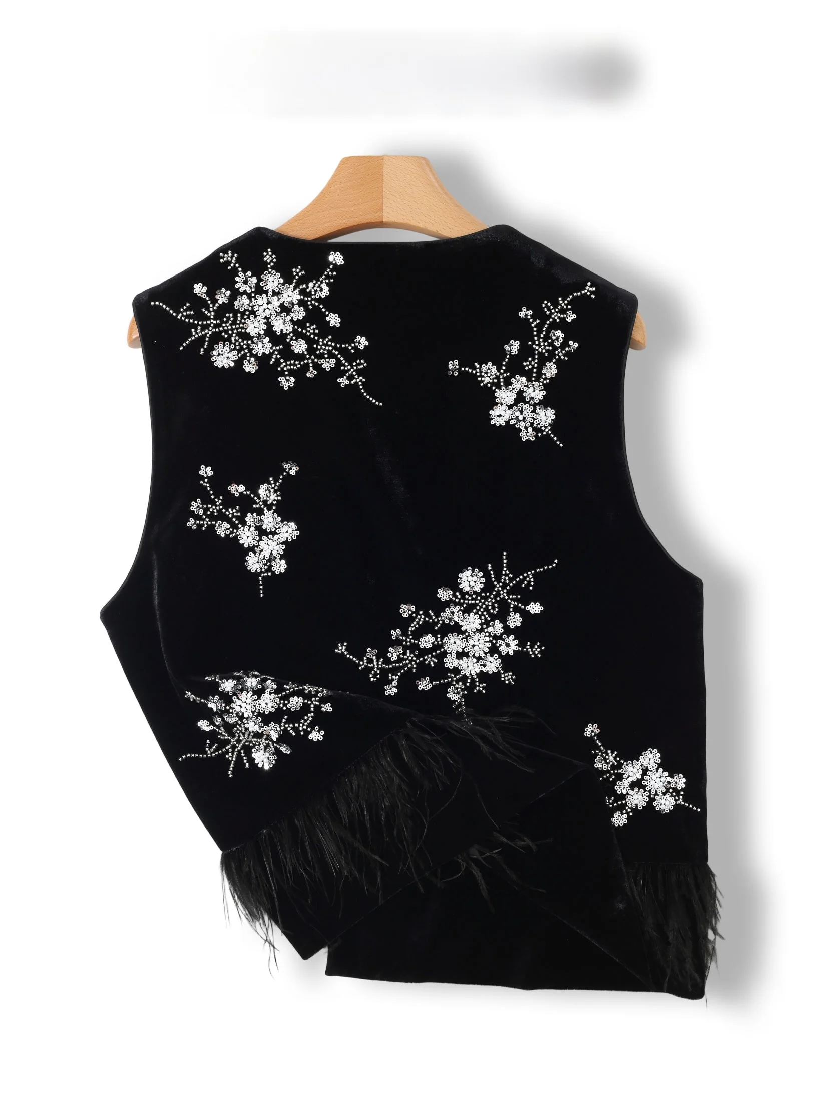 New Chinese Style Black Velvet Patchwork Embroidered Ostrich Feather Women's Vest Fashionable Layering Single Item Design