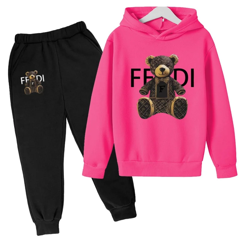 Kinder-Pullover Herbstkleidung Hoodie mit Buchstaben und Bärenmotiv Mantel für Jungen und Mädchen 3-12 Jahre Rosa Sweatshirt+Hose Zweiteiliges Set Freizeit-Sportanzug – Detail 7