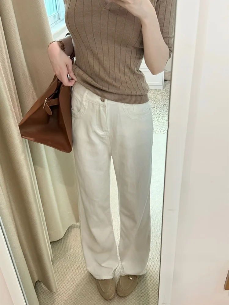 

Simple Stylish High Waist Wide Leg Jeans Casual Washed out White Straight Cut Floor Length Pants for Women Chinese Style