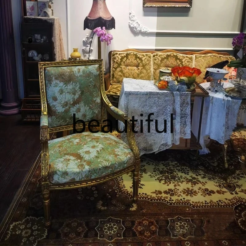 

Retro solid wood sofa chair living room old single, fabric leisure chair