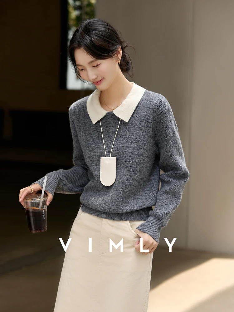 

VIMLY Woman Gray Sweaters 2025 Fall Fashion Contrast Color Spliced Polo Neck Pullovers Commuter Chic Knitted Ladies Jumper 75191