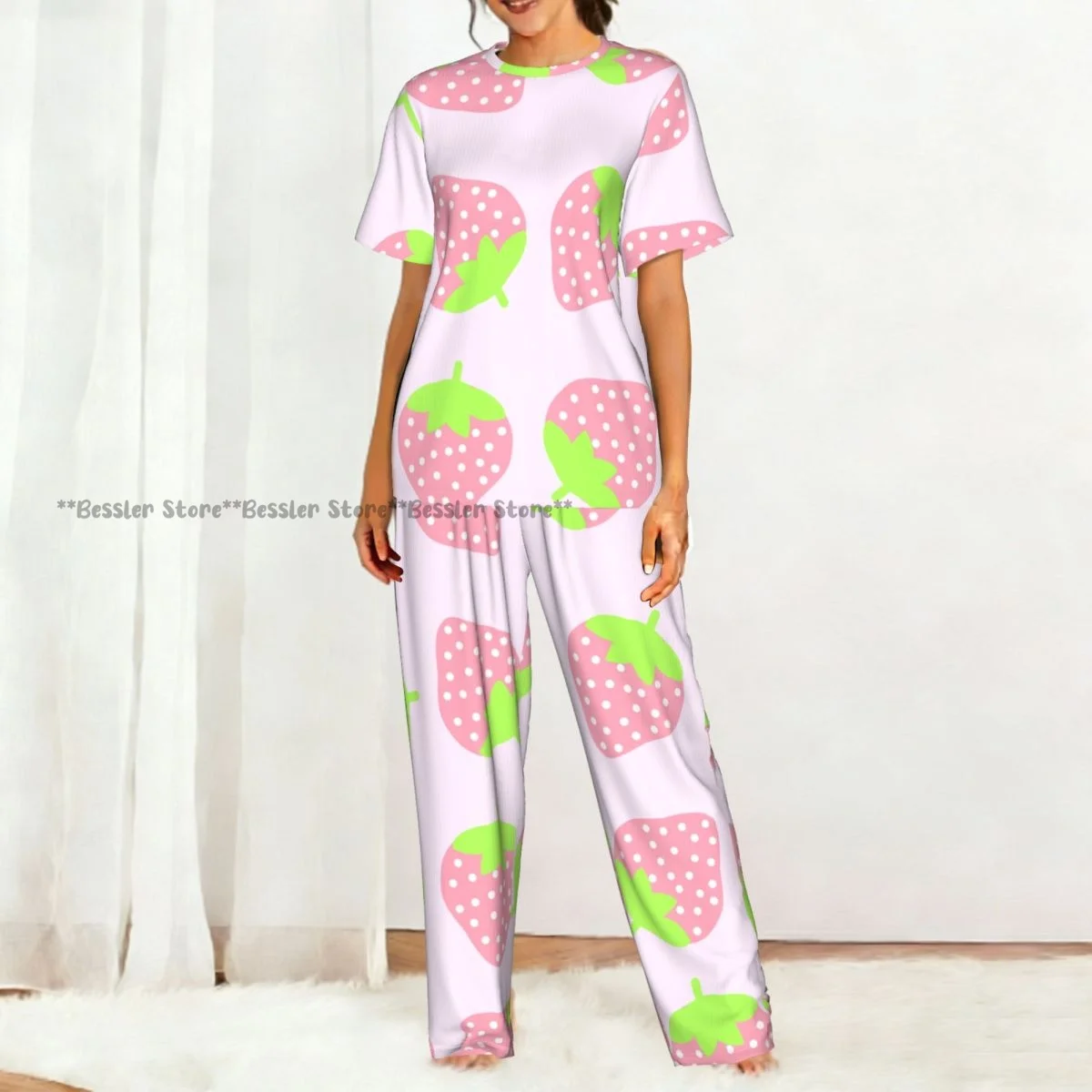 Women's Comfort Pajamas Women's Cute Pink Strawberries Short Sleeve Set Sleepwear - view 5