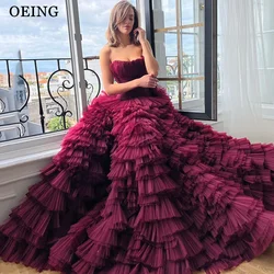 OEING Burgundy A-Line Prom Dresses Off Shoulder Strapless Pleats Tiered Party Gowns Modern Floor-Length Soft Tulle Customized
