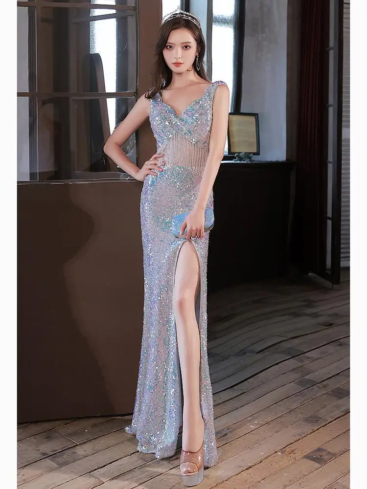 

Sexy Slit Mermaid Long Prom Birthday Dress V-neck Crystal Backless Sequin Evening Pageant Party Gowns Robe De Soiree