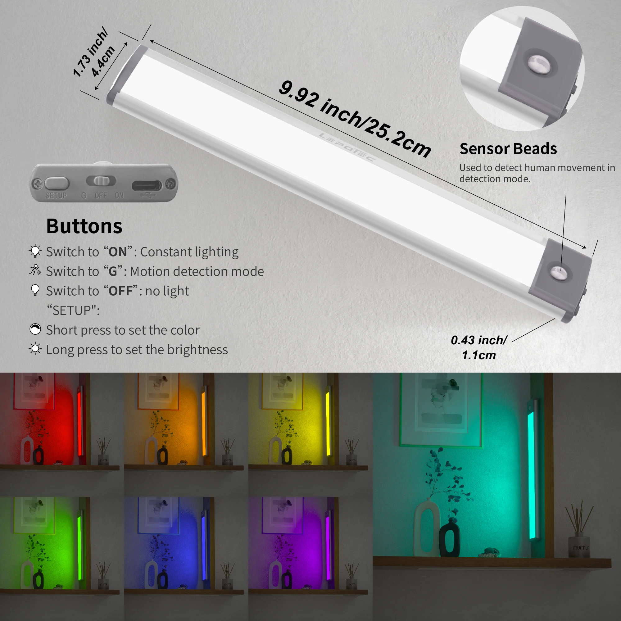LEPOTEC 1pc 45LED RGB Wireless Rechargeable Motion Sensor Cabinet Lights,Lights for Kicthen,Bedroom,Hotel,Bar,Game room