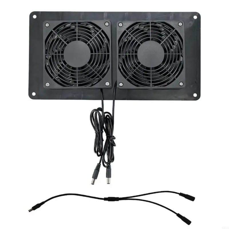 Q81C Powerful 12V Twin Fan Ventilator with Battery Box 1 to 2 Split Cable For Pet House Solar Panel Improve Air Circulation