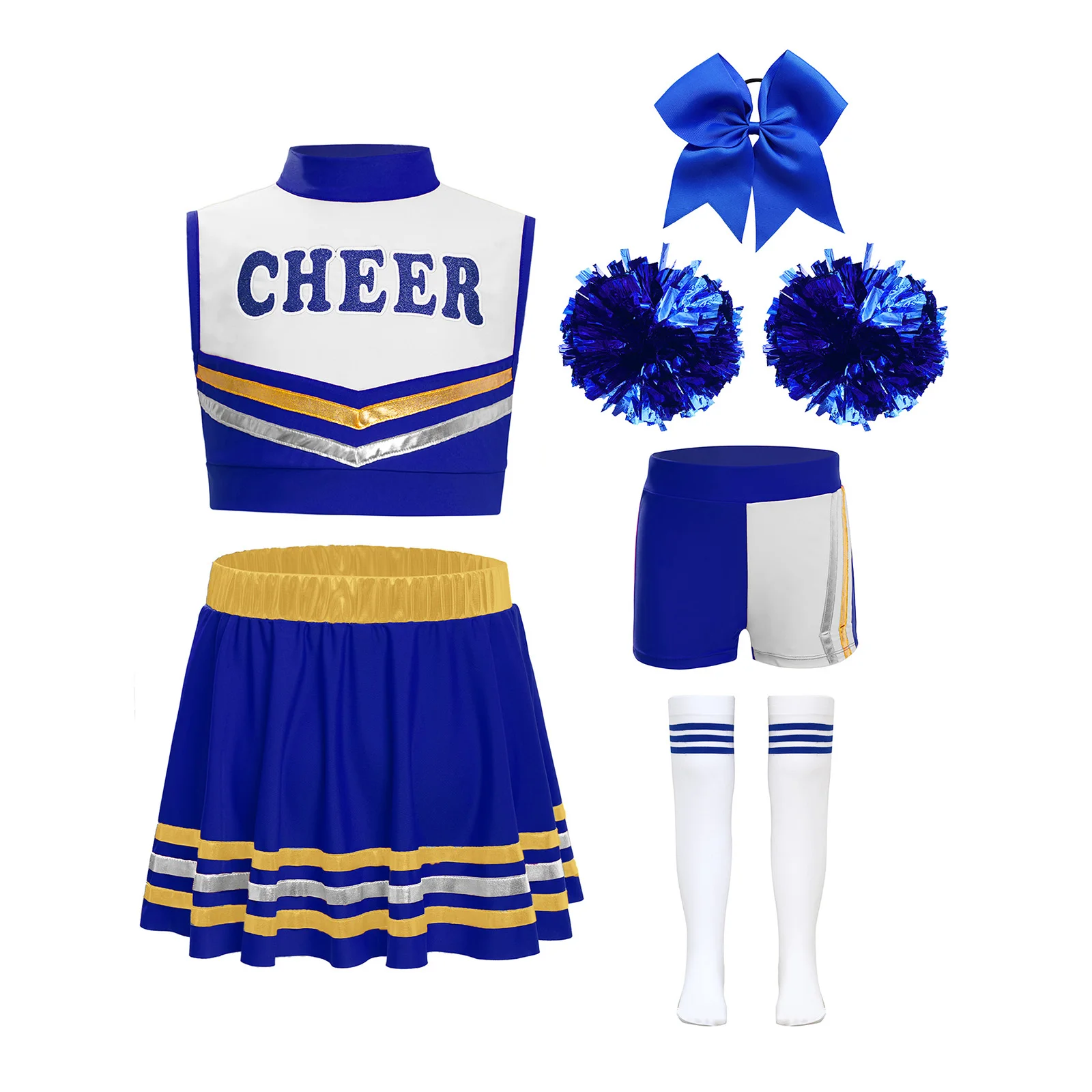 

Kids Girls Cheerleading Dance Outfit Sleeveless Letters Printed Crop Top+Shorts+Striped Hem Skirt+Headwear+Flower Balls+Socks