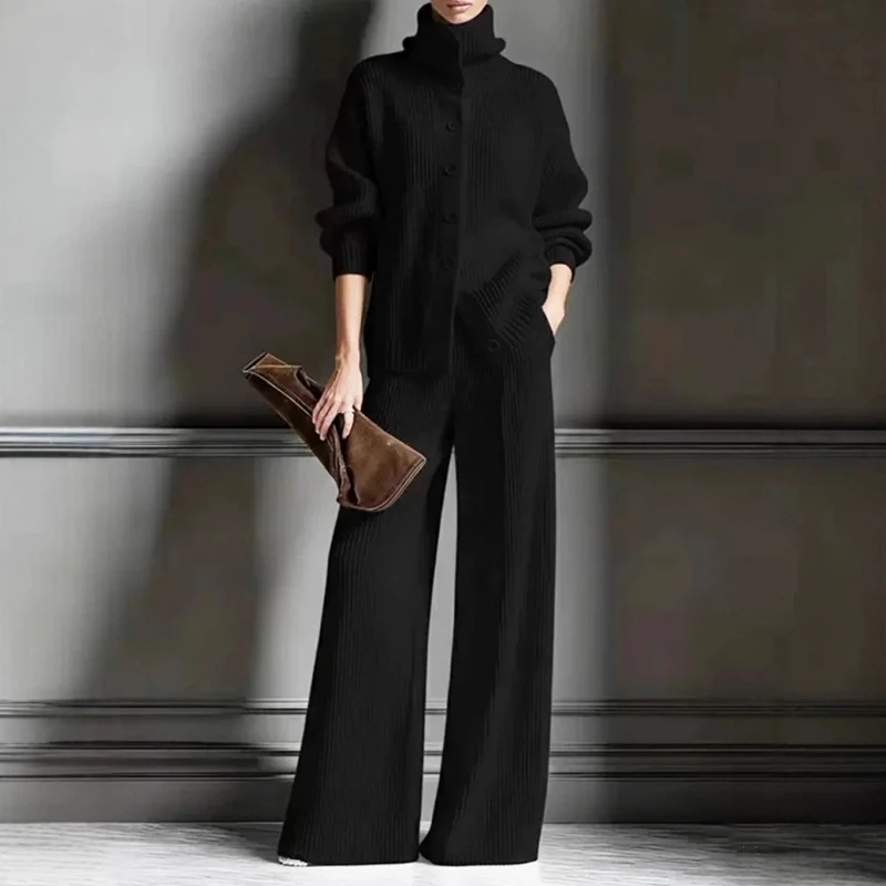 Señora Simple Slim 2 piezas moda cuello alto manga larga suéter de punto y pantalones conjuntos Otoño Invierno sólido nuevo viaje trajes cálidos