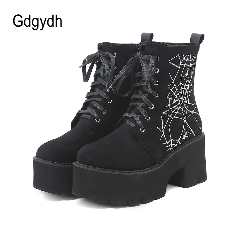 Gdgydh Fashion Embroider Womens Goth Platform Boots Round Toe Chunky Ankle Boots Punk Boots Lace Up&Zipper Suede Combat Boots