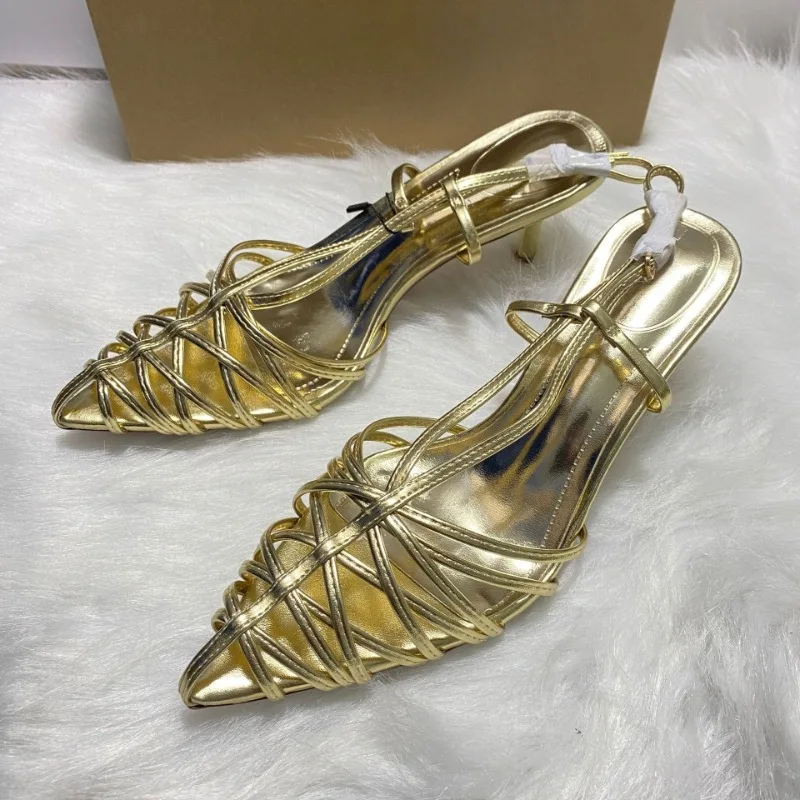 Summer Hollow Out High Heels Sandals for Women Luxury Gold Narrow Strap Sexy Pointed Toe Back Strap Brand Party Wedding Shoes