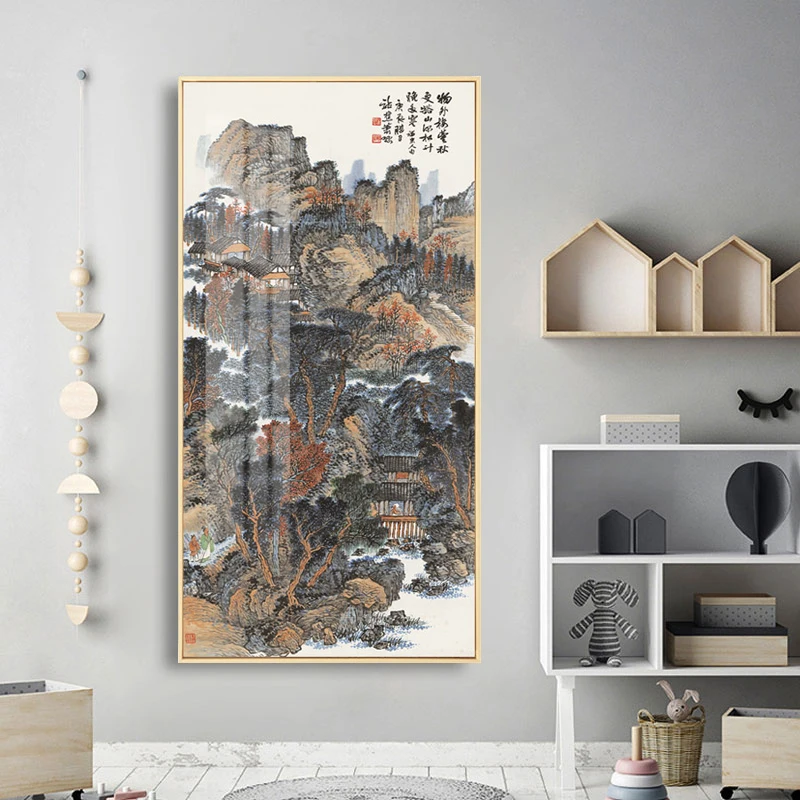 Chinese Style Canvas Painting Landscape Painting Chinese Characters Mountain Peak Pine Tree White Crane Posters for Home Decor