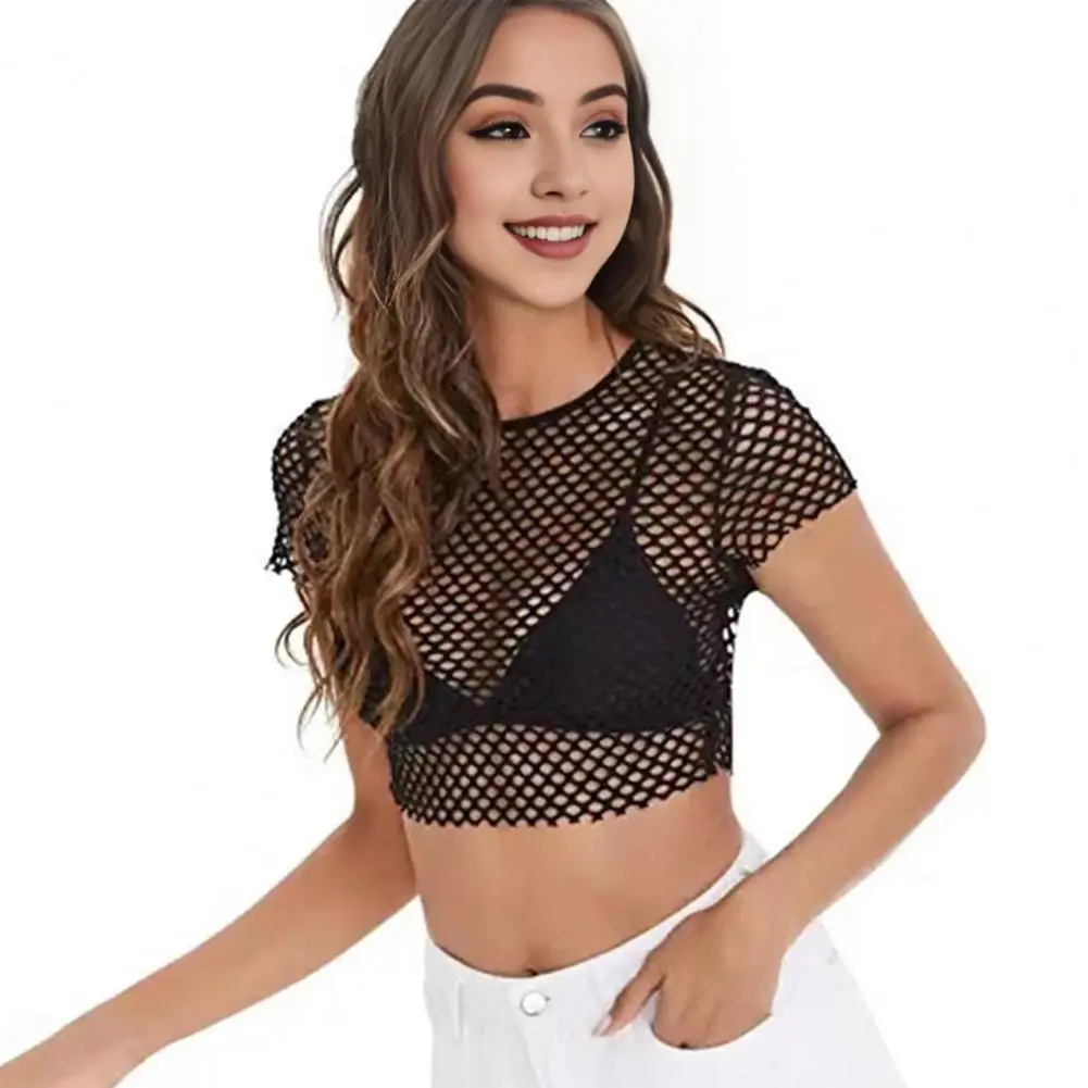 

Hollow Out Crop Top 2024 Mesh T-shirt O-neck Short Sleeve Slim Fit Solid Color Perspective Short Top Summer Basic Tops