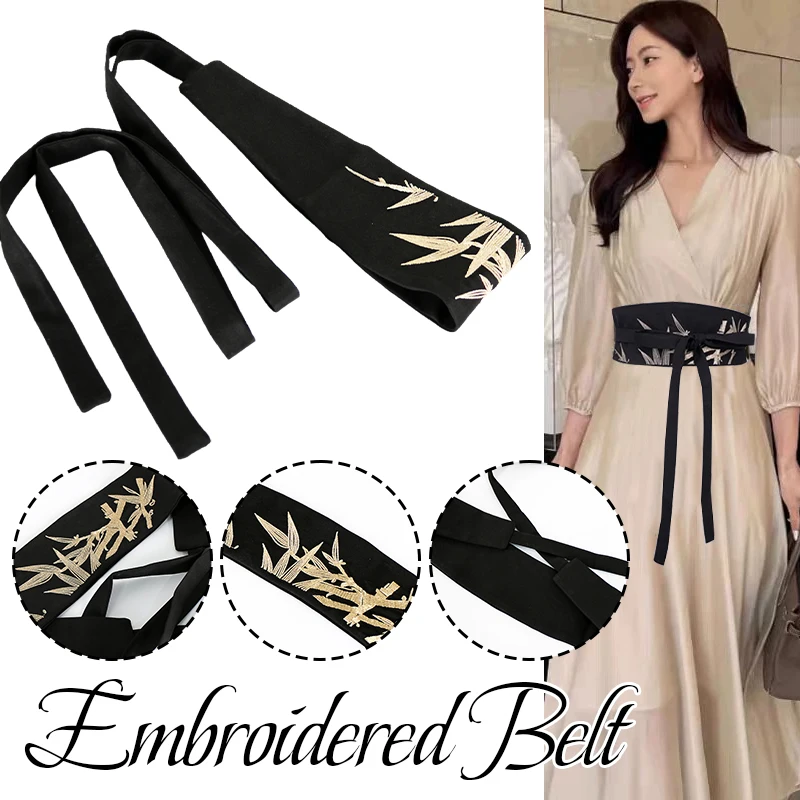 Elegant Lady's Chinese Traditional Retro Embroidery Hanfu Waistband Ethnic Style Wide Waist Belt Corset Tie Belt for Dress Decor