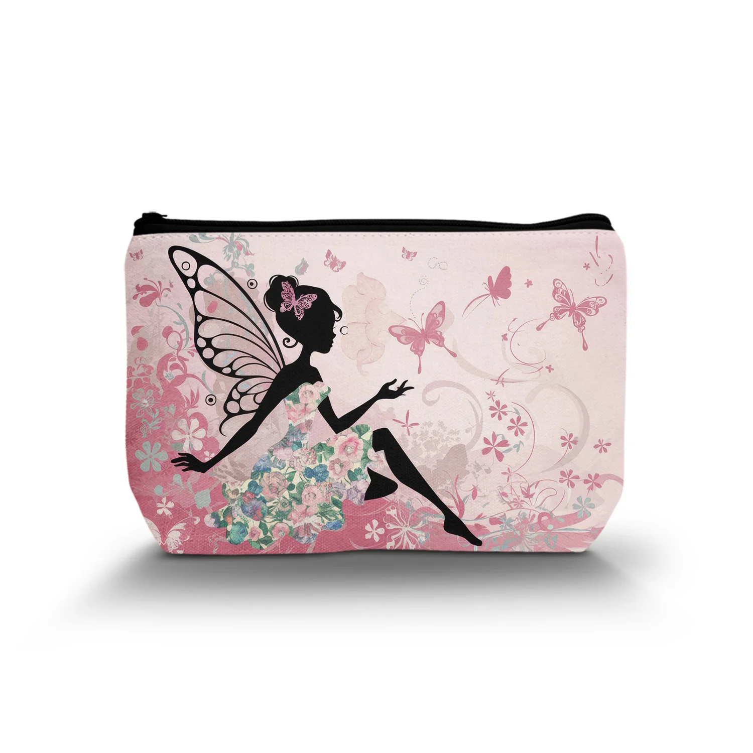 1Pc Black Girl Fairy Cosmetic Bag Durable Makeup Pouch With Pink Butterfly Flower Design For Women Versatile Travel