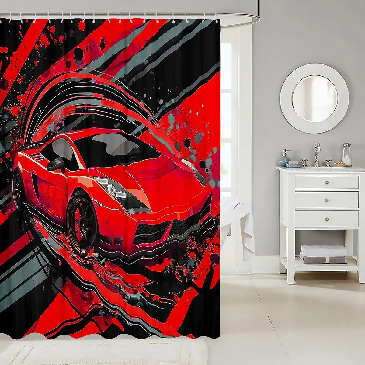 Luxury Sports Car Graffiti Shower Curtain Modern Waterproof Bathroom Decor Red Design Gift Print Curtain Panel